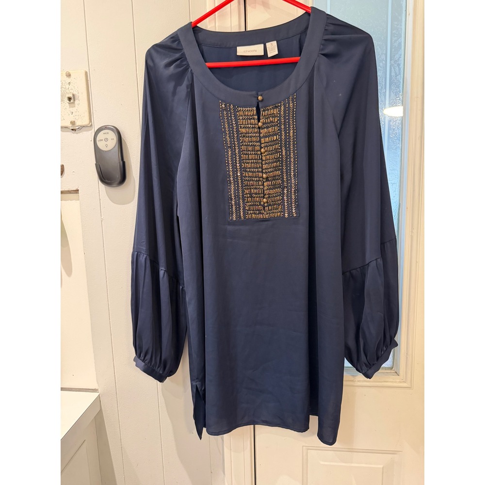 Chicos Navy Blue Beaded Sequin Bib Tunic Blouse Bishop Sleeve Size 3 Large XL
